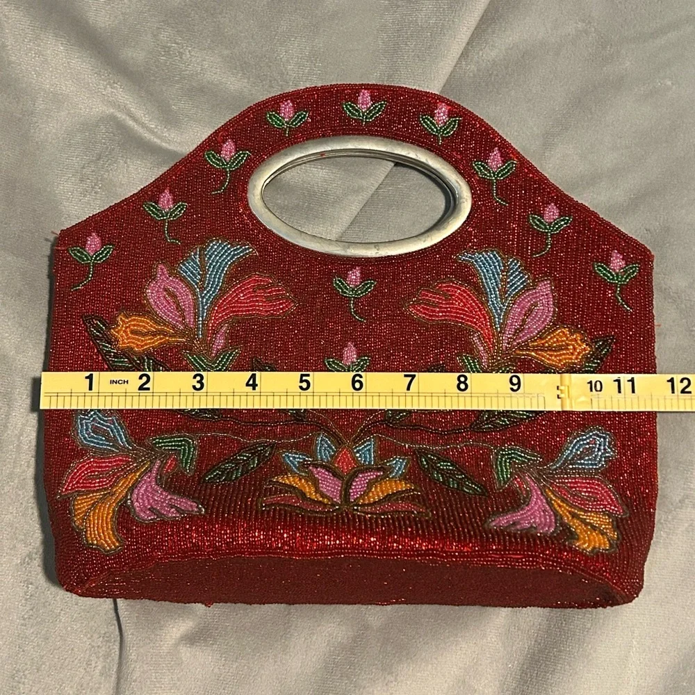 Vintage Red Floral Beaded Handbag Purse - Picture 11 of 13